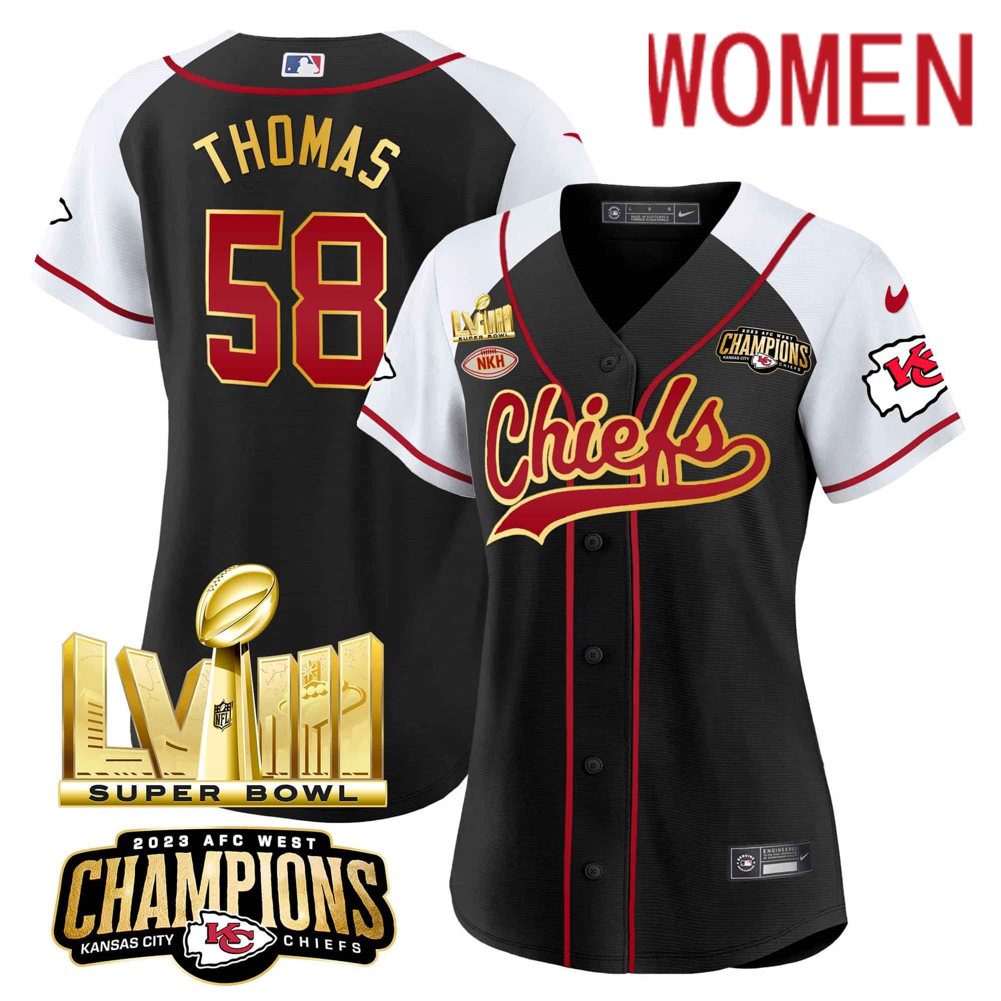 Women Kansas City Chiefs #58 Thomas Black 2024 Nike Super Bowl LVIII Back-2-Back Gold Patch Baseball NFL Jersey style 1